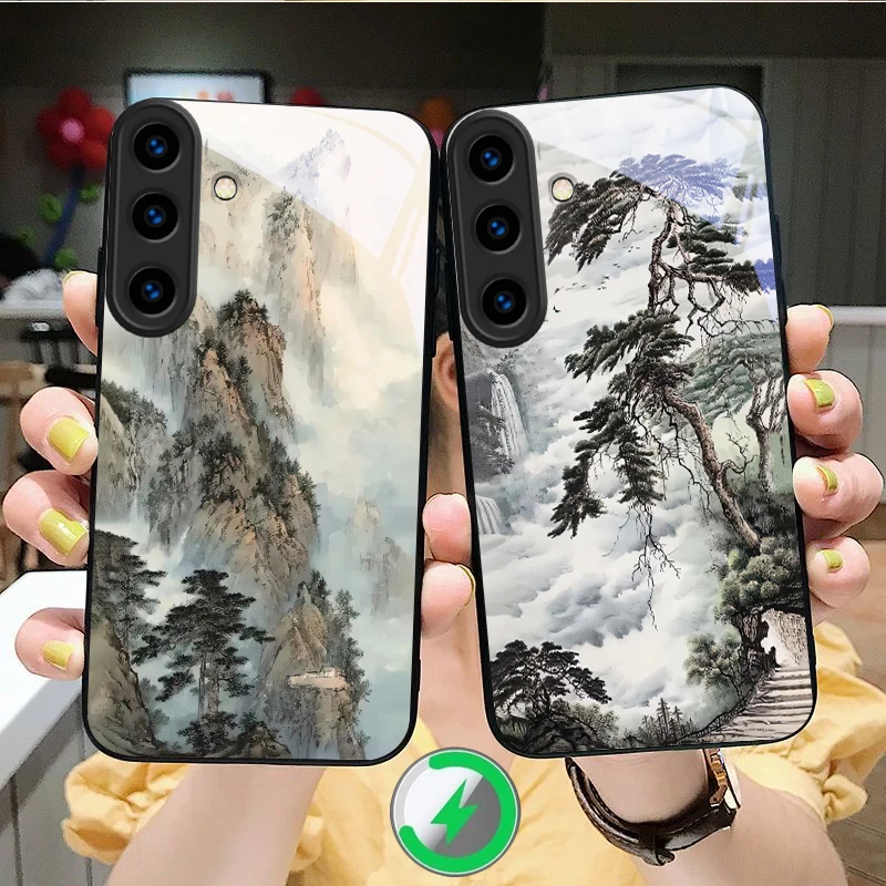 Ink landscape painting Suitable For Samsung Galaxy S25 Ultra S20 FE S21 S22 S23 Plus S24 S26 Edge magnetism Glass Phone Casee
