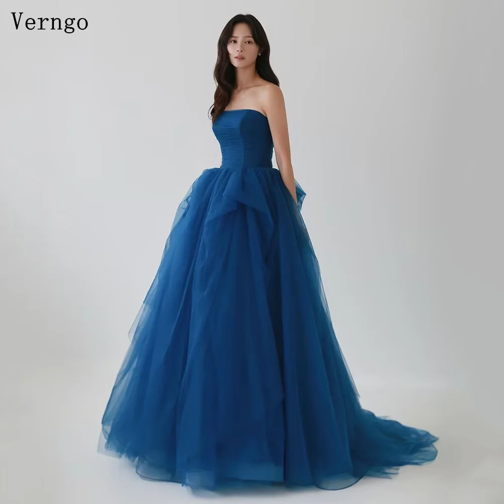 Verngo Navy Blue Tulle Evening Dress Strapless A Line Ball Gowns Women Zipper Back Birthday Party Dress Korea Prom Dress