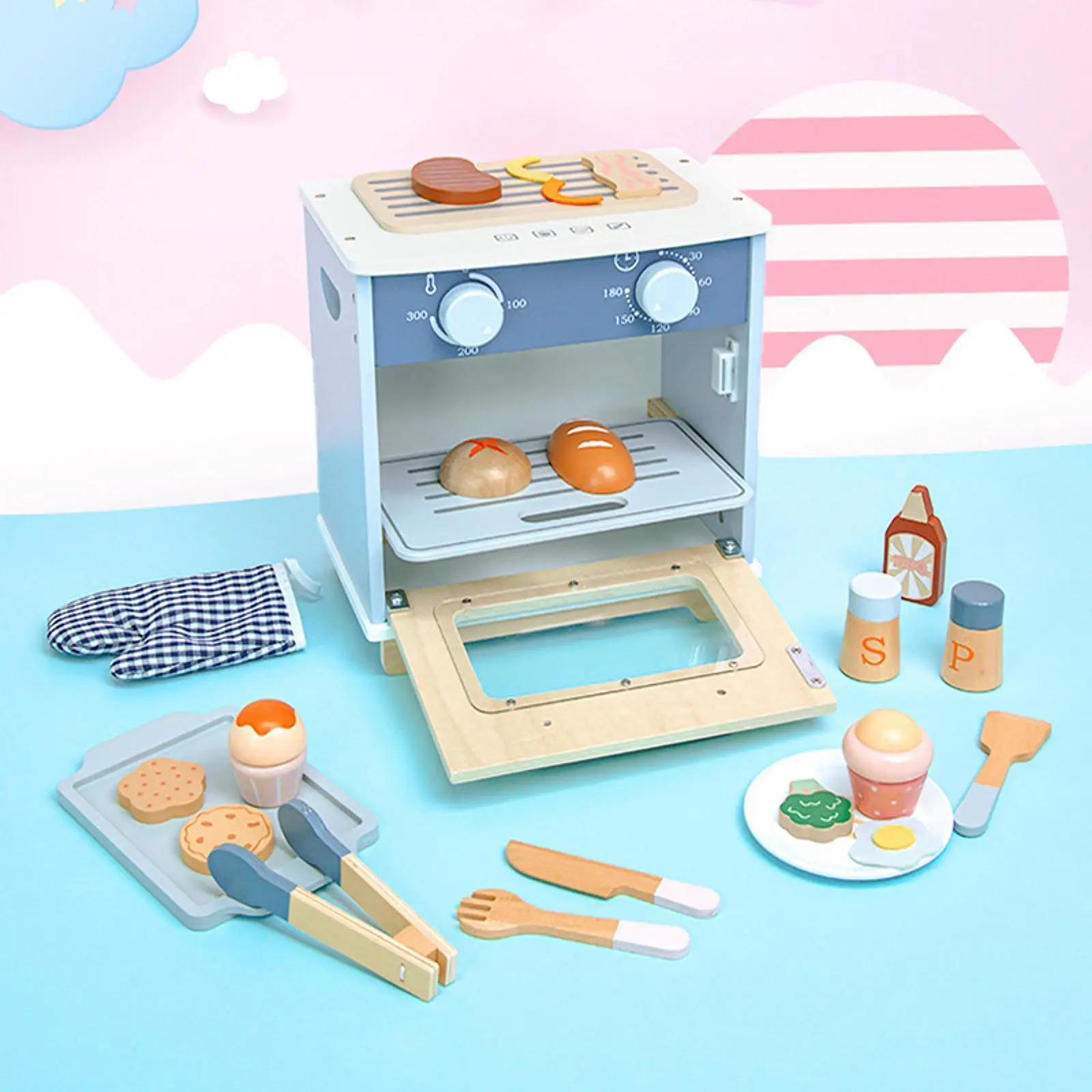 

Kids Oven Plays Set Learning Skill Toy Realistic Multifunctional Toy Oven Wooden Play Oven Toy for 2+ Years Old Kids Toddlers