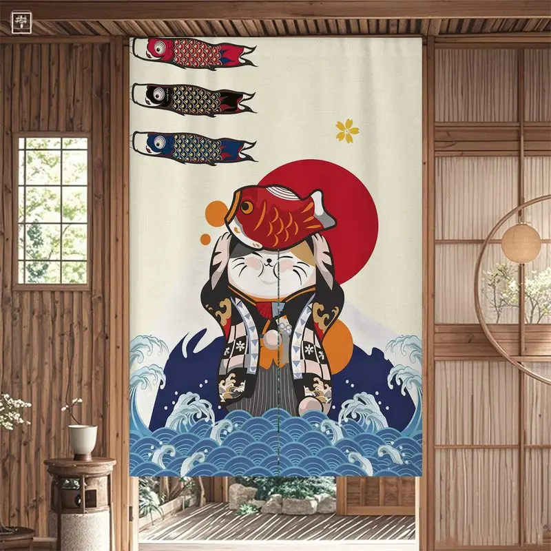 VIKAMA Japanese Lucky Cat Door Curtain for Doorway, Kimono Cat & Sea Bream Print Koinobori Wave Room Divider Curtain Decor