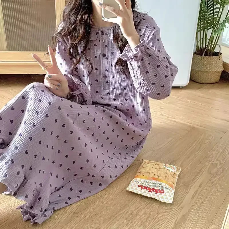 Heart Print Women Nightgown Korean Sleepwear Ruffles Nightwear One Piece Pajamas Autumn Night Dress Long Sleeve Home Wear New In