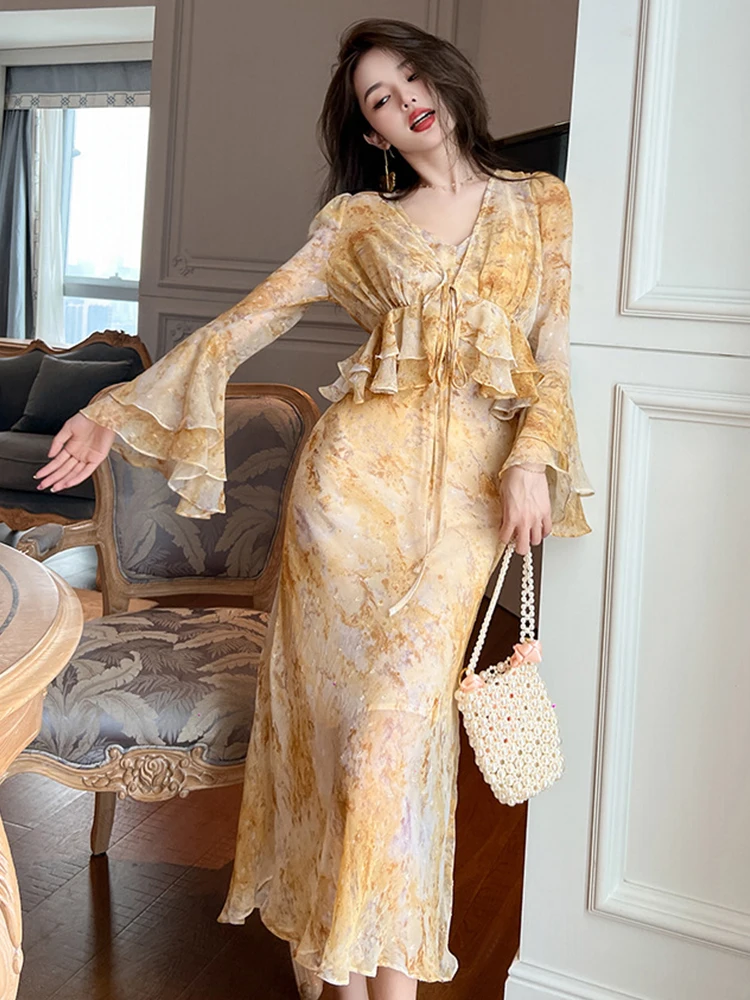 

Celebrity Sweet 2 Peice Dress Set Women Yellow Chiffon Ruffles Bandage Jacket Tops Strap Maxi Robe Holiday Vacation Boho Outfits