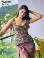 Top Chic Imprimé Floral Slim pour Femme, Sans Manches, Col Bateau, Dos Nu, Fermeture Éclair, Gilet Tendance Été Automne 2026 3
