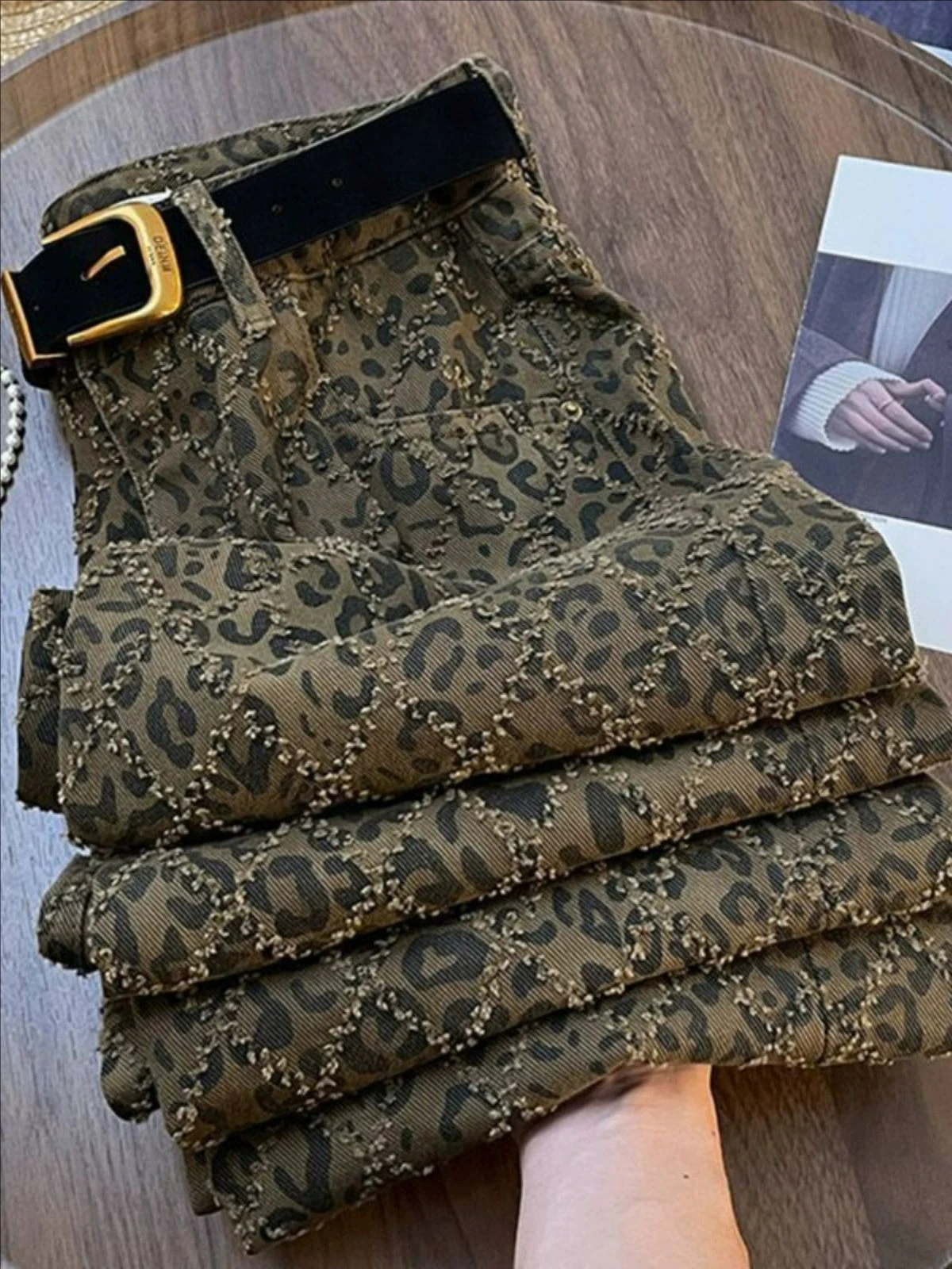 

Thicken Leopard Pattern Print Design Vintage Jeans Women Autumn And Winter Personalized Fashion Straight Leg Pants Streetwear