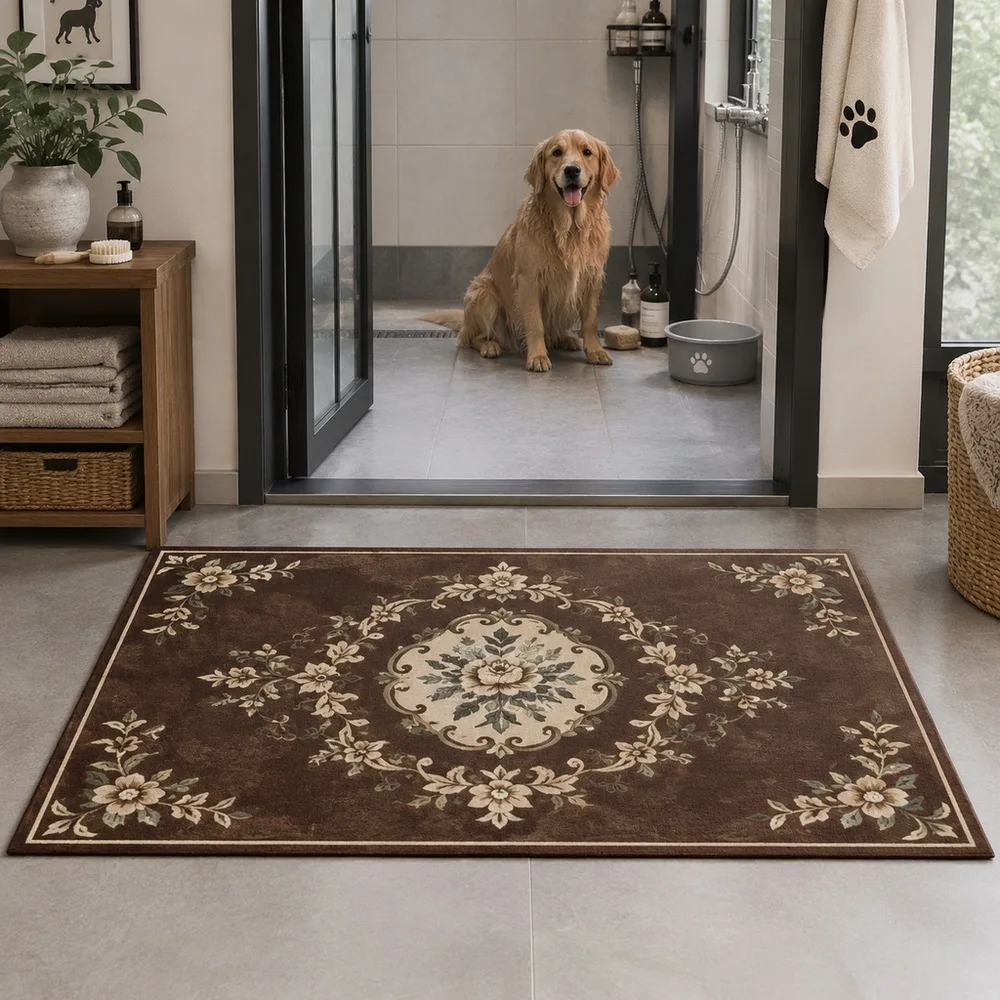 VIKAMA Carpet Rug Espresso Brown Vintage Garden Plant Mix Front Door Window Seat Coffee Table Living Room Modern Home Decor