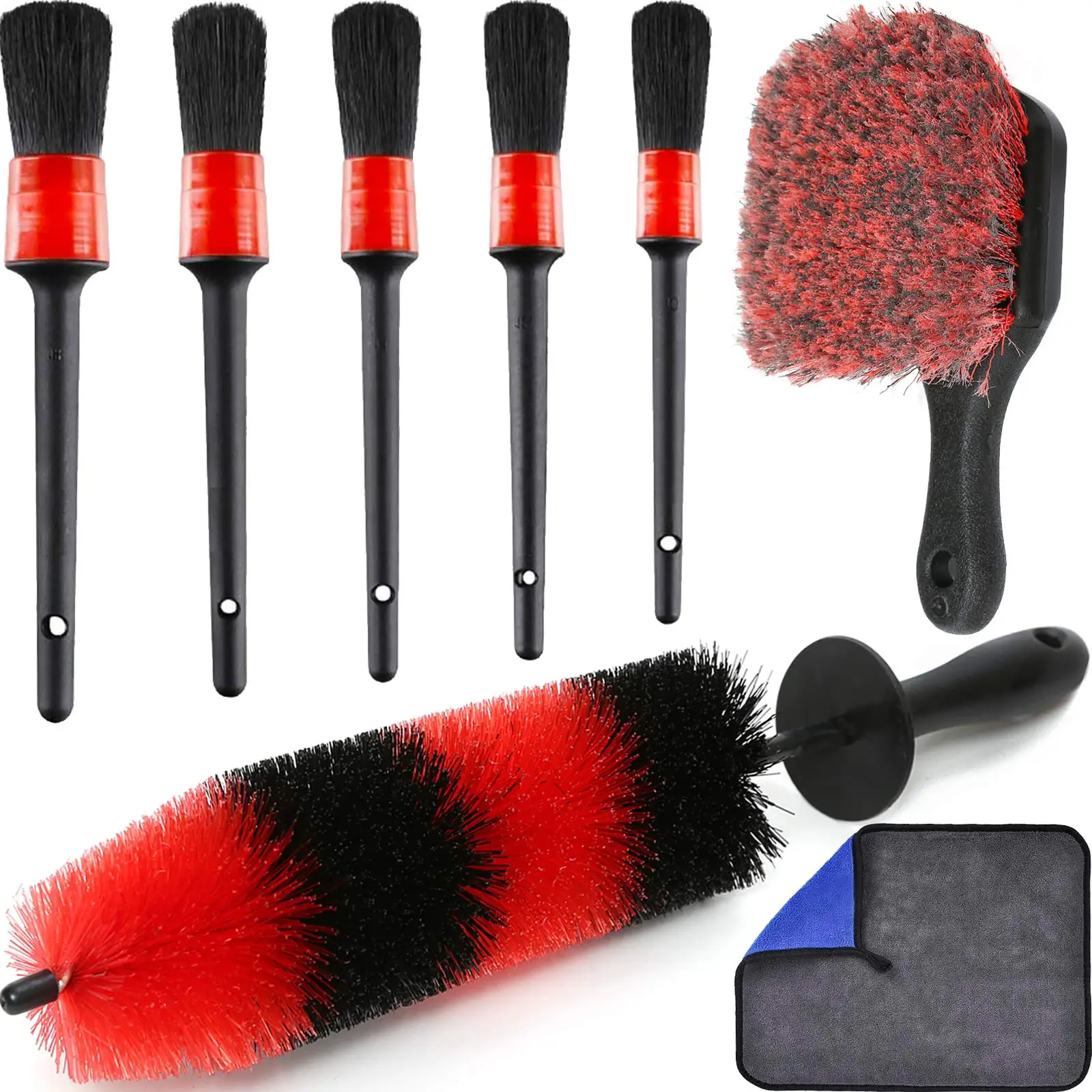 UNTIOR Wheel Tire Brush Set Long Soft Bristle Detail Brushes Microfiber Cleaning Cloth for Cleaning Wheel Car Detailing Kit