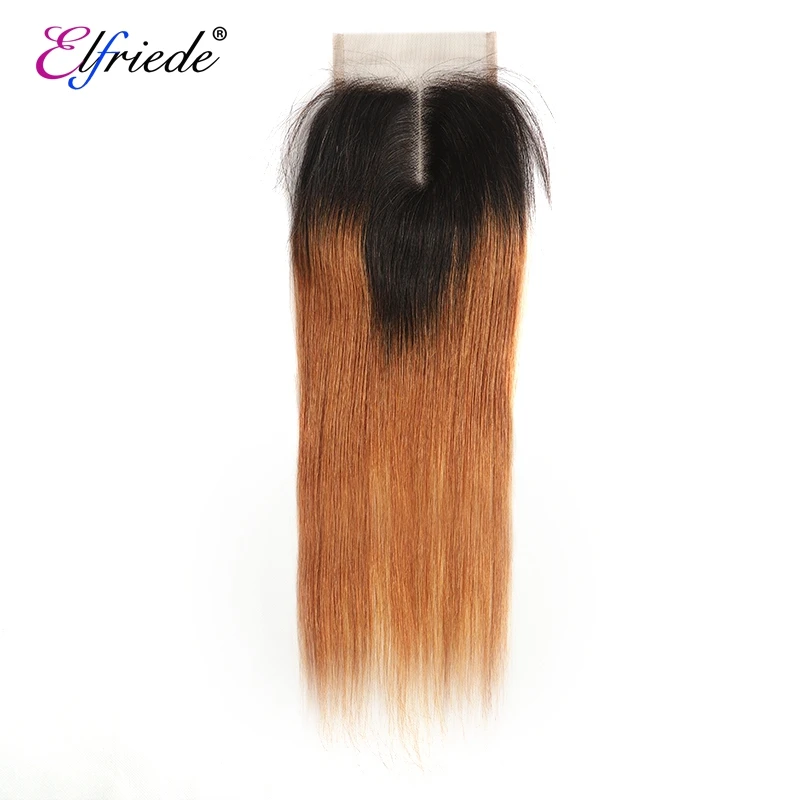 Elfriede T1B/30 Straight Ombre Color Hair Bundles with Closure Brazilian 100% Human Hair Weave 3 Bundles with Lace Closure 4x4