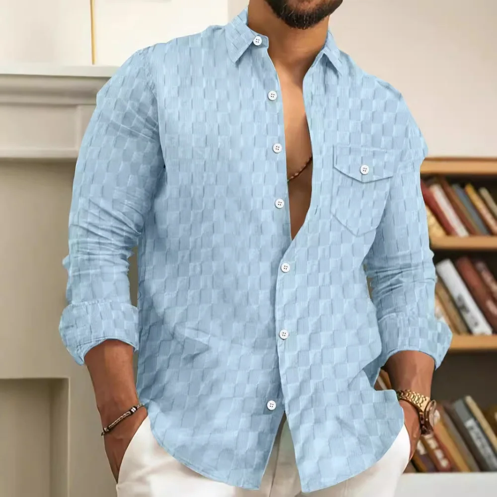 

New men's shirt - high-quality, casual and comfortable check patterned pocket plain-colored collar buttoned long-sleeved cardiga