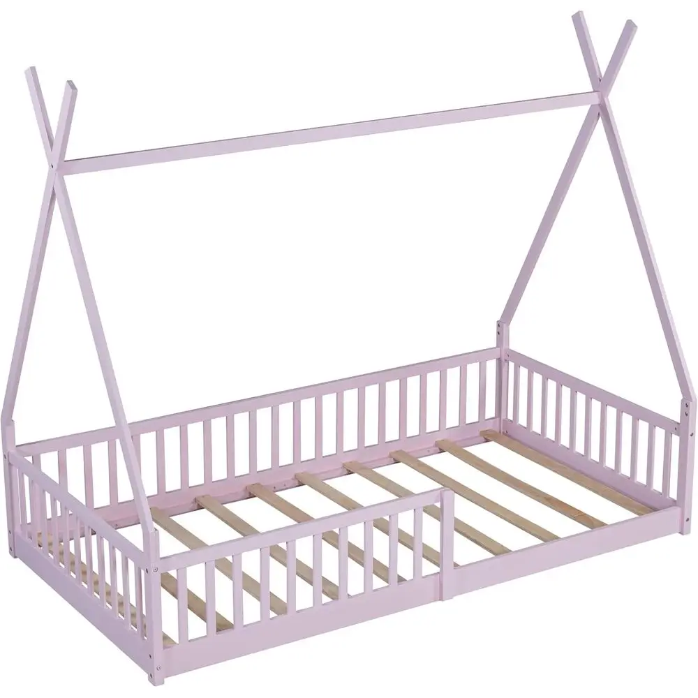 Platform Bed Floor Bed with Fence, No Box Spring Needed (Slats Kit Included), Pink