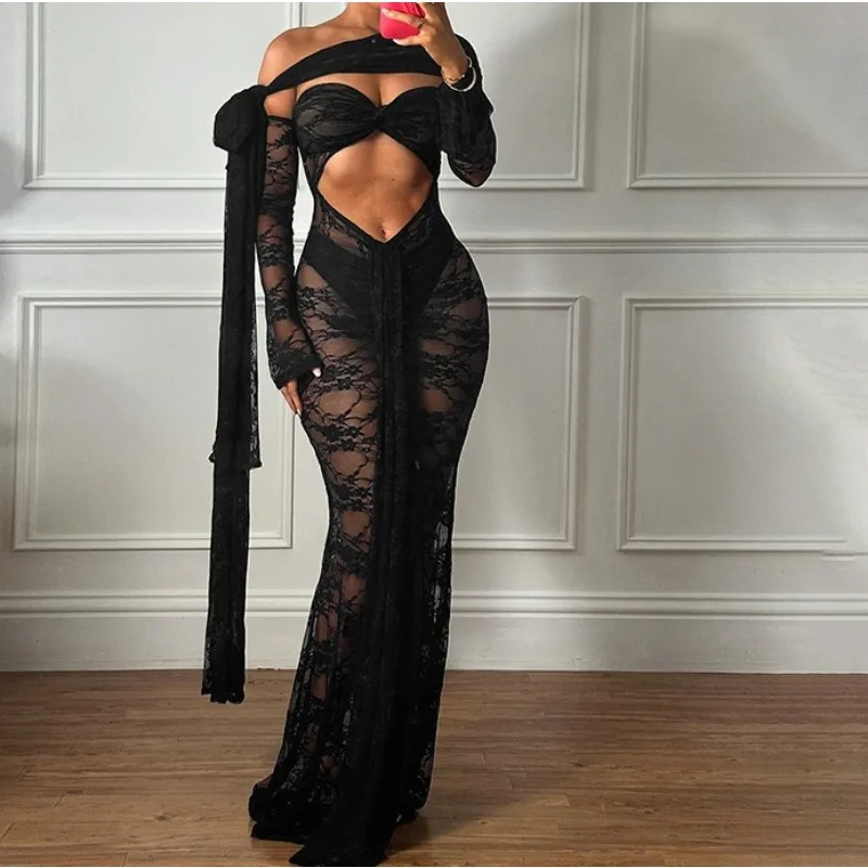 

2026 Women's Spring and Summer New Slim-fit Hollow Perspective Lace Dress