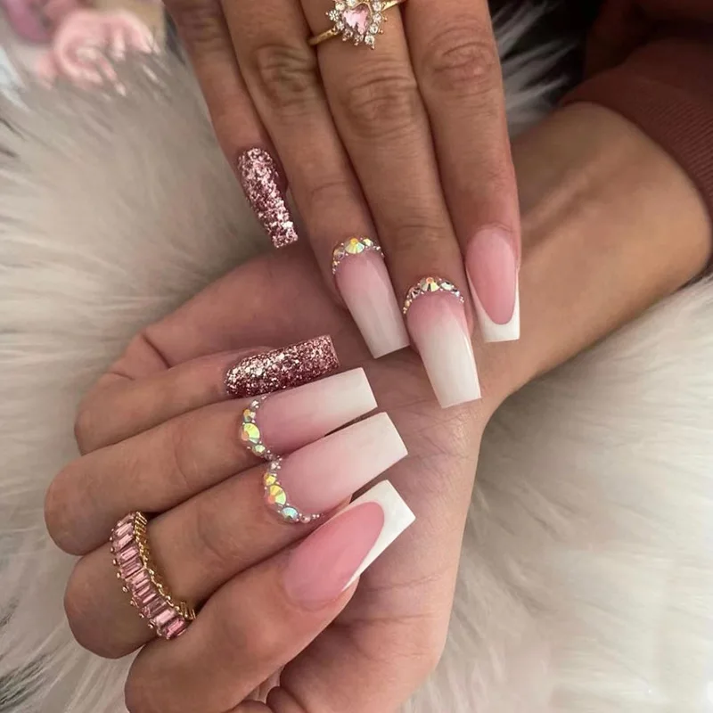 

24pcs White French Rhinestone Pink Glitter Press on Nails Simple Nails Full Cover Wearable False Nails
