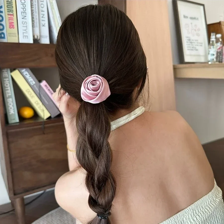 Pink Rose Bow Hair Clips For Girls Women Black Elastic Head Bands Student Braided Headrope Kids Hairpin Fashion Hair Accessories