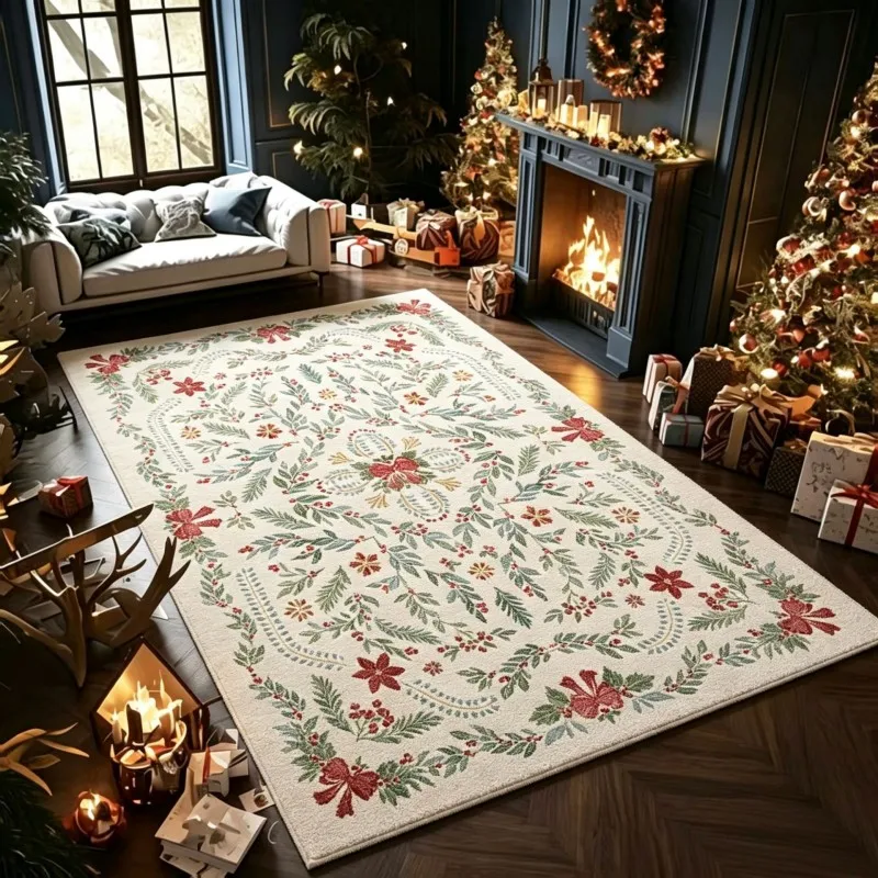 VIKAMA Cream Red Poinsettia Green Pine Area Rug Noise Reducing Machine Washable Living Room Pet Christmas Holiday Home Decor