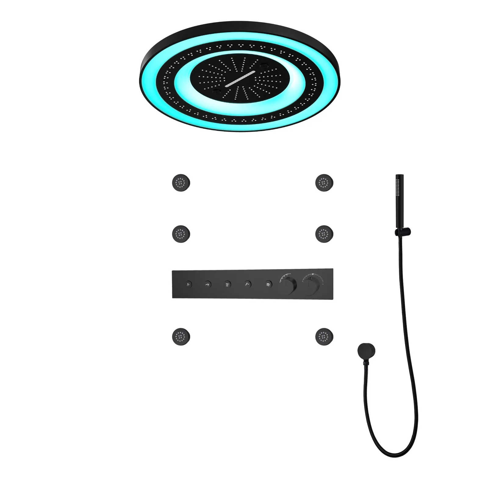 600mm Round Oversized Ceiling-Mounted LED Music Bathroom Shower Set Luxury Brass Rainfall Showerhead Shower System Kit,Black