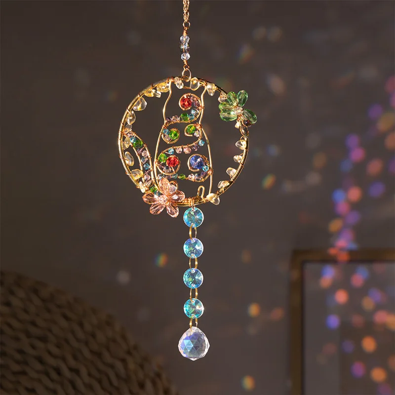 Crystal Lucky Cat Suncatcher Car Hanging Ornaments Birds Sun Catcher 7 Chakra Gemstone Window Home Room Decoration regali unici