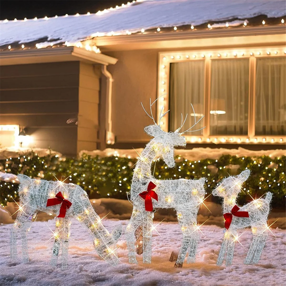 Lighted Christmas 2D Reindeers Outdoor Decorations, Pre-Lit Light Up Xmas Rudolph & Santa Sleigh with Lights,Mother Deer