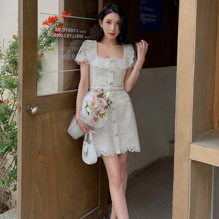 White Dress for Women 2024 Summer Ivory Beaded Lace Doll Neck Lace Hollow Short Dress Vestidos De Fiesta