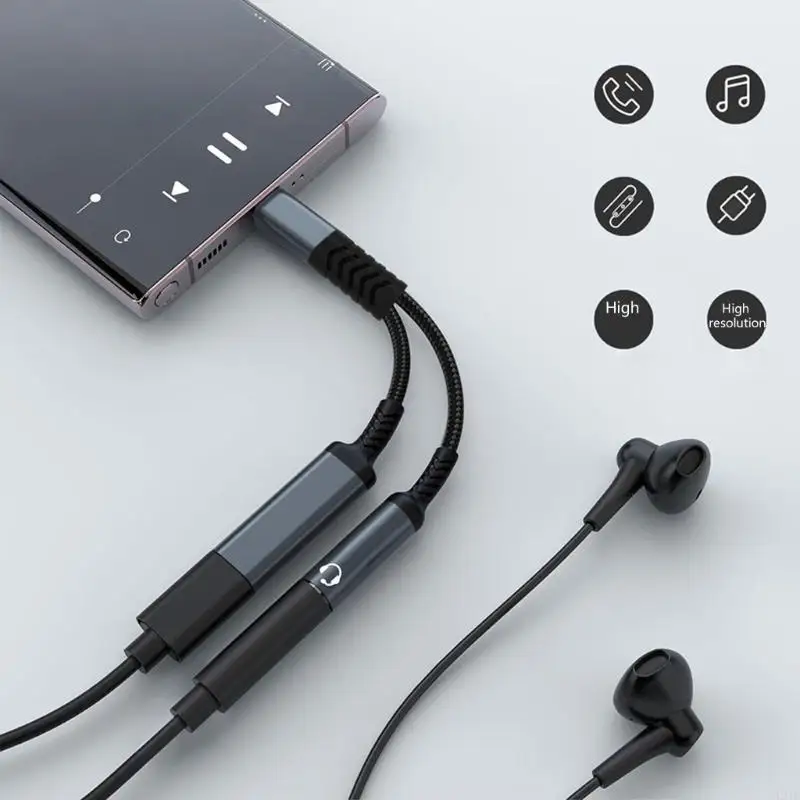 2025 جديد مضفر كابل USB C الفاصل لسماعات الرأس 3.5 ملم و PD60W شحن بسرعة 24K موصلات الذهب المطلي بالذهب