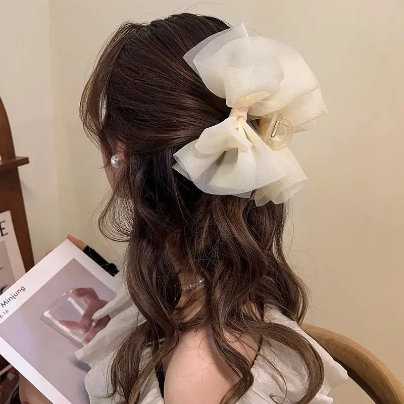 Vrouwen Elegante Grote Chiffon Boog Haar Klauw Zoete Mesh Boog Grijpen Haar Clip Paardenstaart Haai Haarspeldjes Mode Haaraccessoires