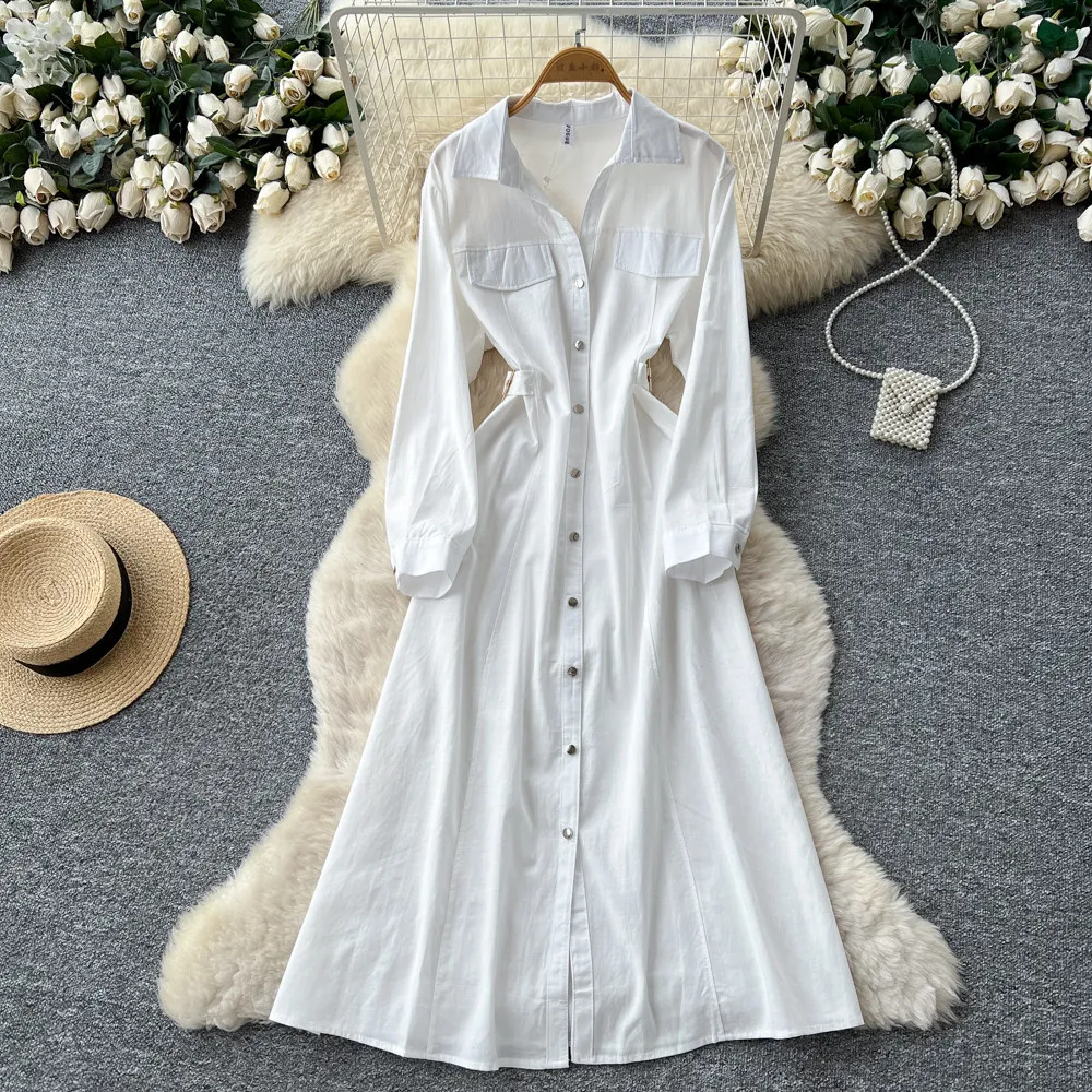 

Women Solid Shirt Dresses A Line Dress Belt Waist Turn Down Collar Ankle Lenth Single Breasted Loose Casual Elegant 2026 Spring