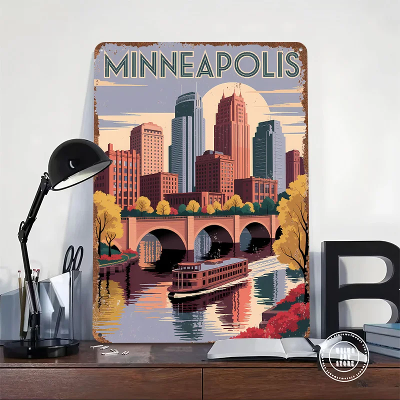 Minneapolis Skyline With Riverboat Printing Poster Customized Retro Wall Art Vintage Metal Signs for Mancave Office Decoration