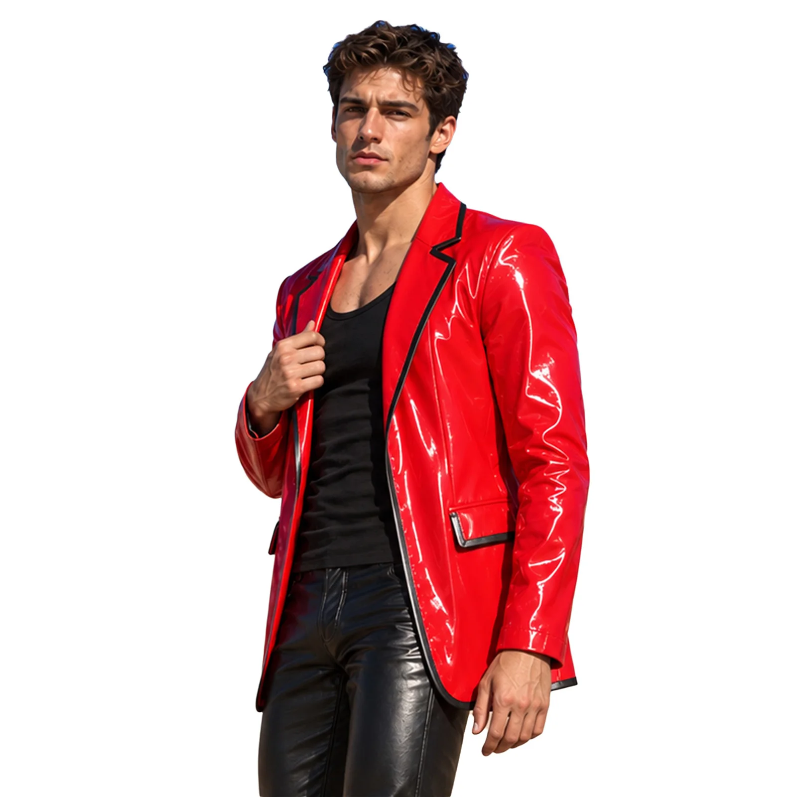 Mens Shiny PU Leather Blazer Jacket Wet Look Notched Lapel Collar Open Front Jacket Punk Motorcycle Outerwear Party Clubwear