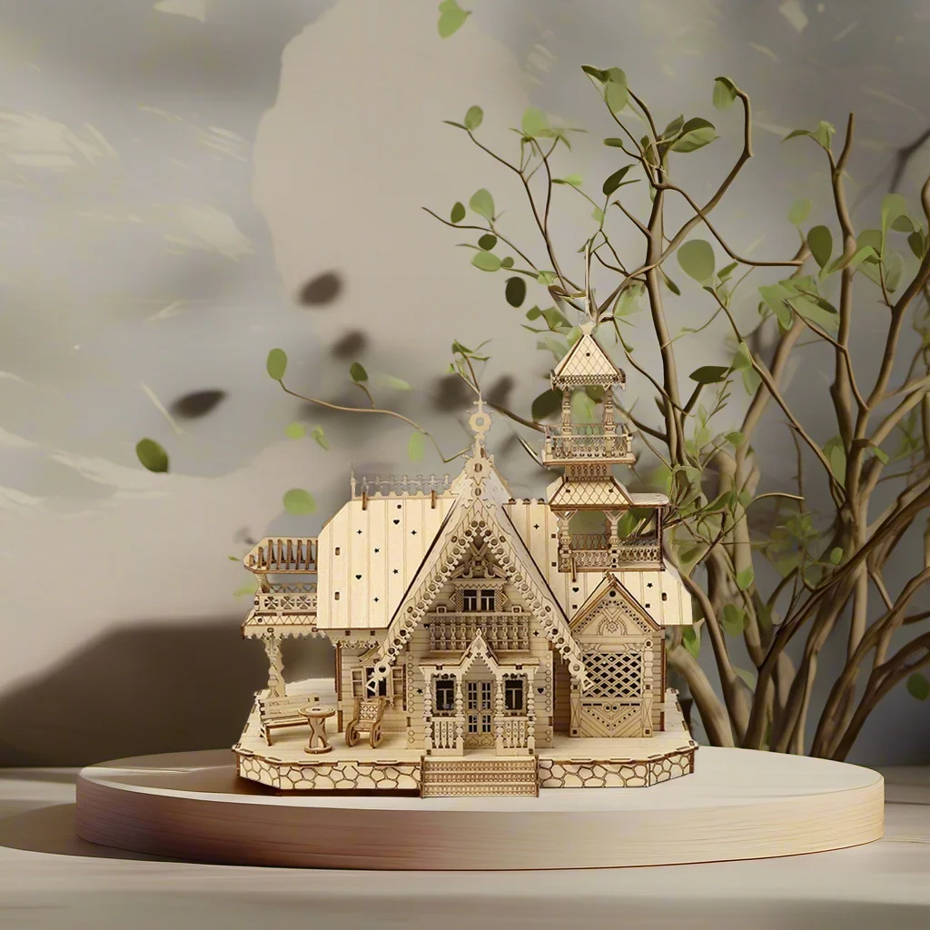 مجموعة نماذج خشبية ثلاثية الأبعاد للمنزل الصغير مع لعبة تجميع ألغاز قلعة خفيفة يمكنك صنعها بنفسك مجموعات نماذج للأطفال والكبار لتزيين المكتب للهدايا #3