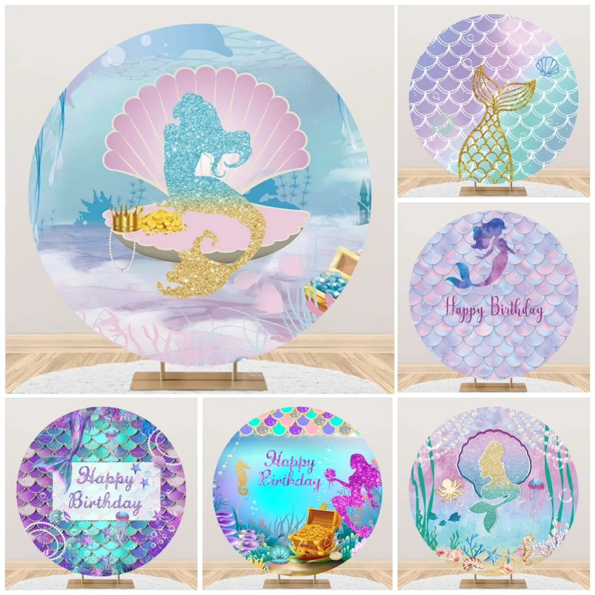 Mermaid Theme Birthday Round Backdrop Cover Under The Sea Girl Baby Shower Birthday Party Portrait Decor Background Studio Props