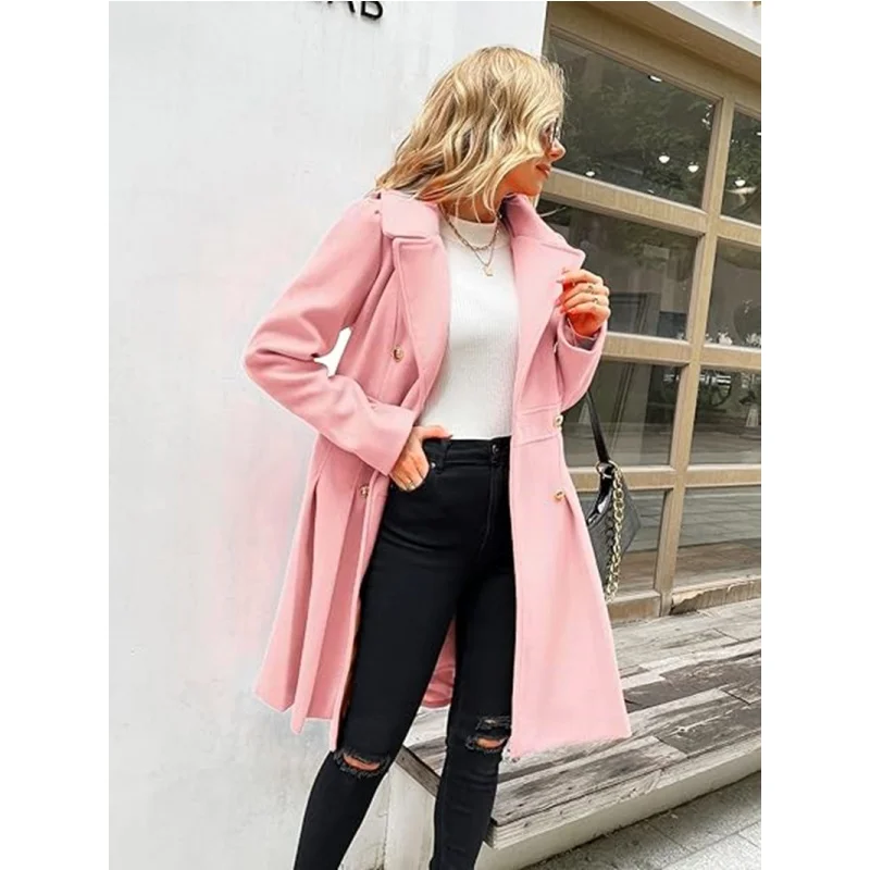 Women\'s Autumn Coat Wool Blend Solid Lined Coats Outerwears Female Jackets Double Breasted Lapel X-length Women\'s Overcoat