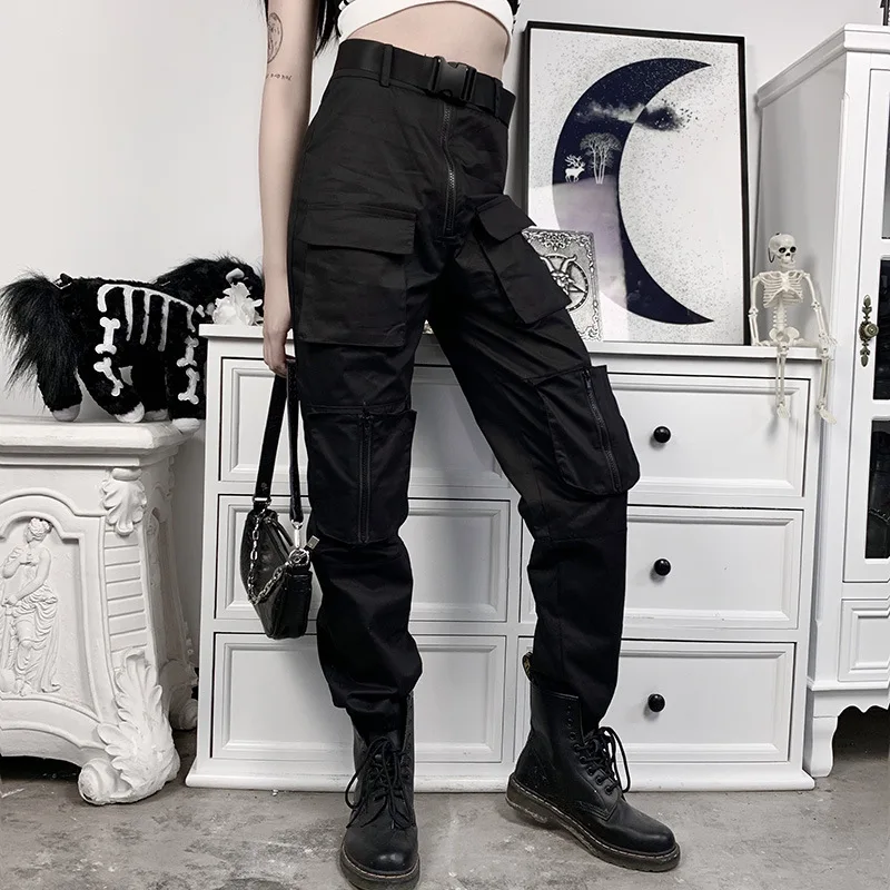 

Streetwear Hip Hop Casual Overalls Trousers Black cargo slacks high waist sports pants Cool Safari Style Joggers Ribbons Pants