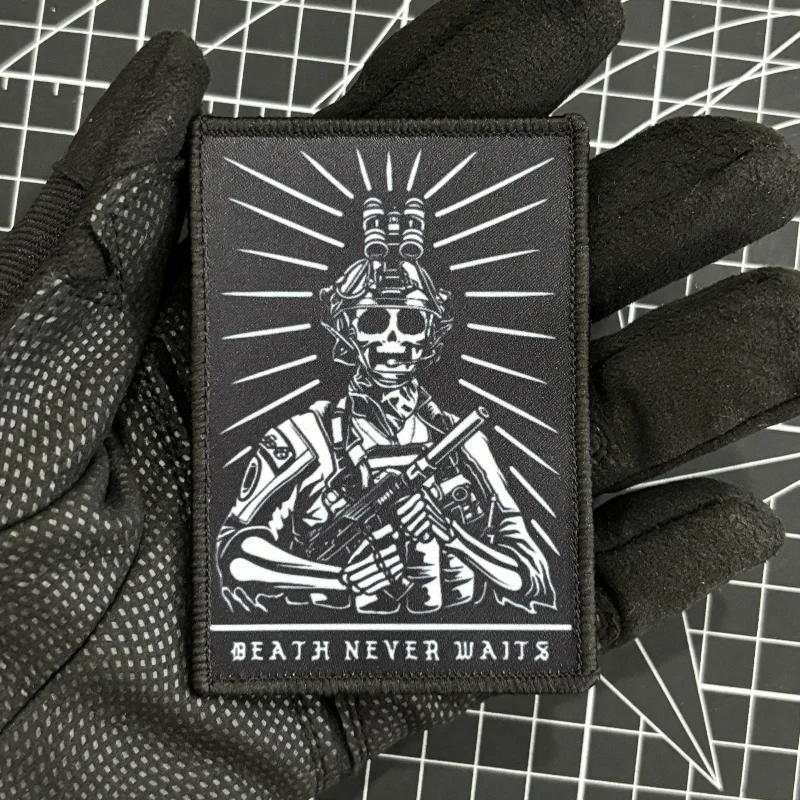 Skull Soldier Reaper Tactical Patch Death Never Waits Morale Badge Printing Punk Patches Hook and Loop Military Backpack Sticker