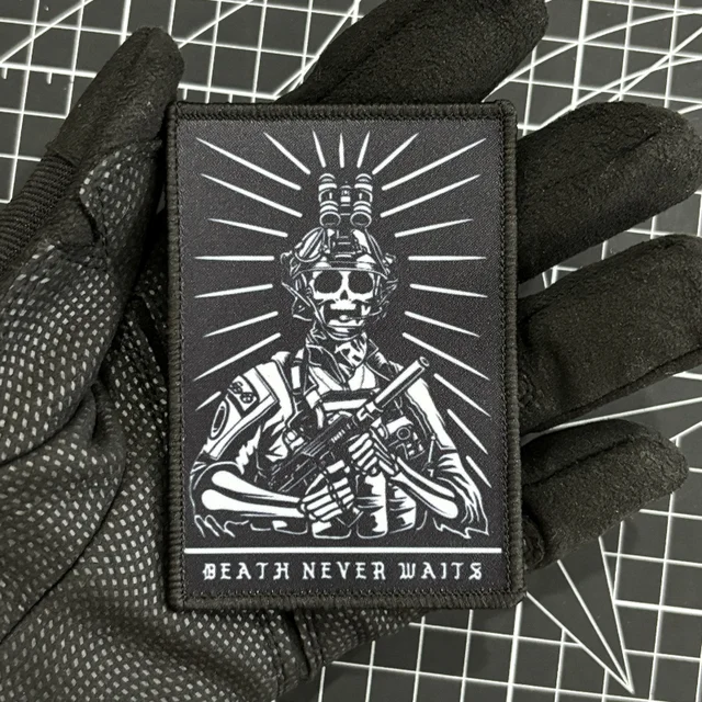 Skull Soldier Reaper Tactical Patch Death Never Waits Morale Badge Printing Punk Patches Hook and Loop Military Backpack Sticker
