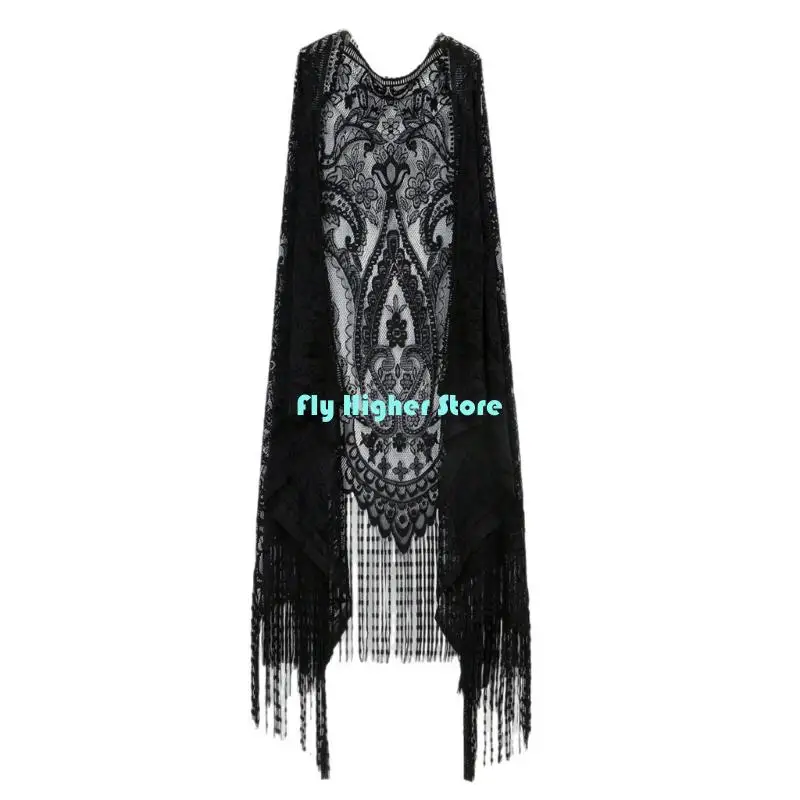 Women Fringe Vest Hollowed Lace Beach Shawl Beach Coverup Sleeveless Tassels Cardigan Top For Beach Outings Daily Use view 4