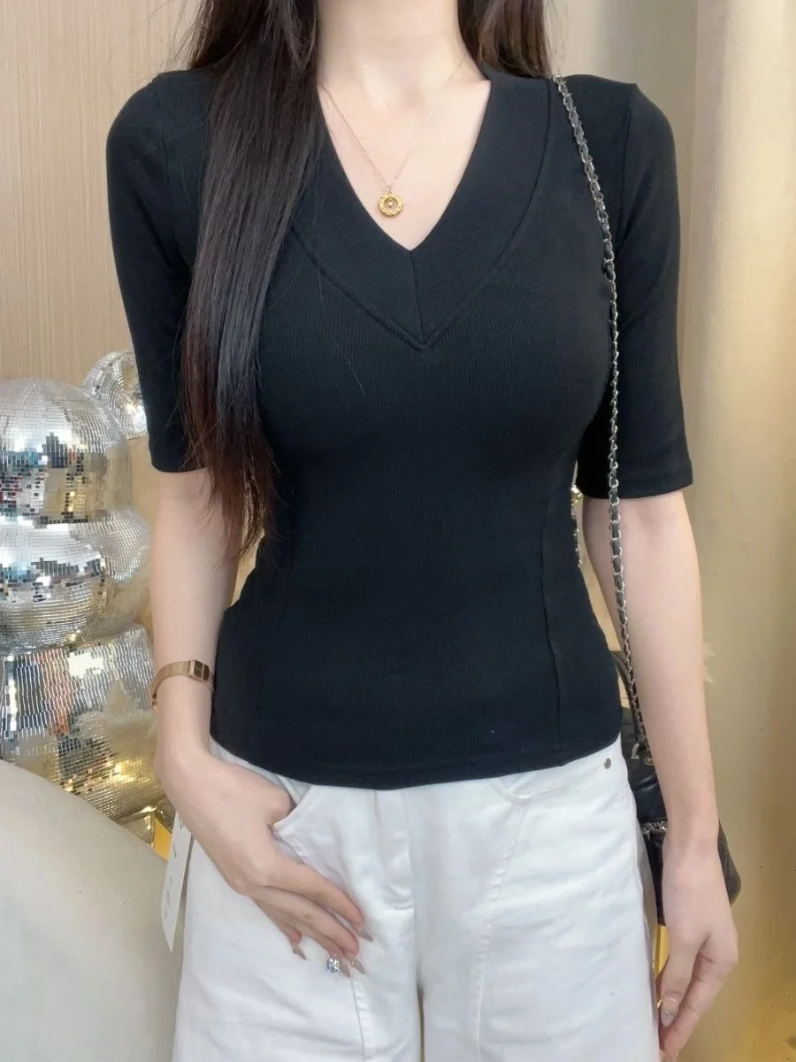 Women's Mid-Sleeve V-Neck T-Shirt 95 Cotton Slim Fit Base Shirt Large Size Versatile Spring Summer New Style Casual Wear