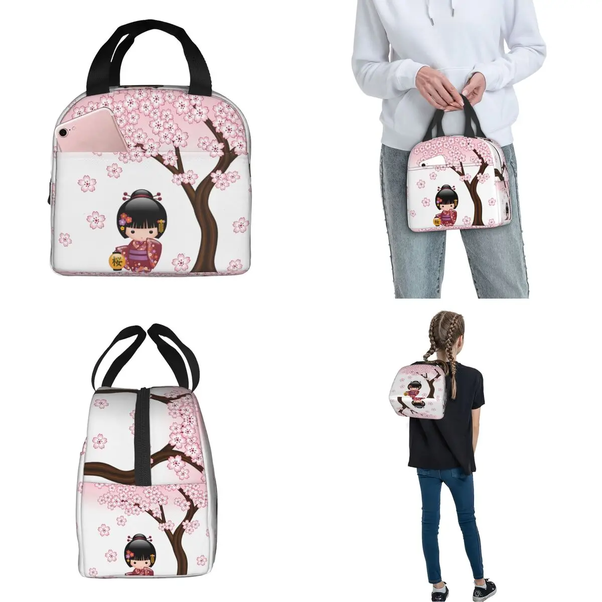 Cute Cartoon Japan Kimono Geisha Girl Lunch Bag Kokeshi Doll Cherry Blossoms Insulated Cooler Bags Lunch Box Food Bag 2023 New