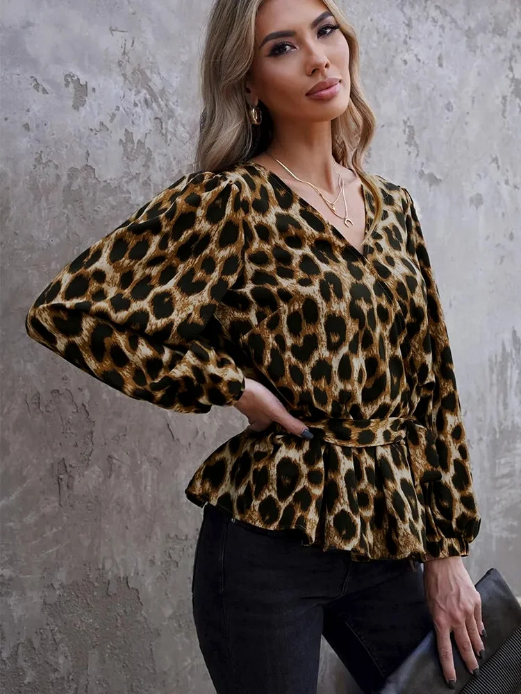 Mugen-Blusa informal con estampado de leopardo para mujer, camisa con cuello en V, talla grande, 3/4, 2024