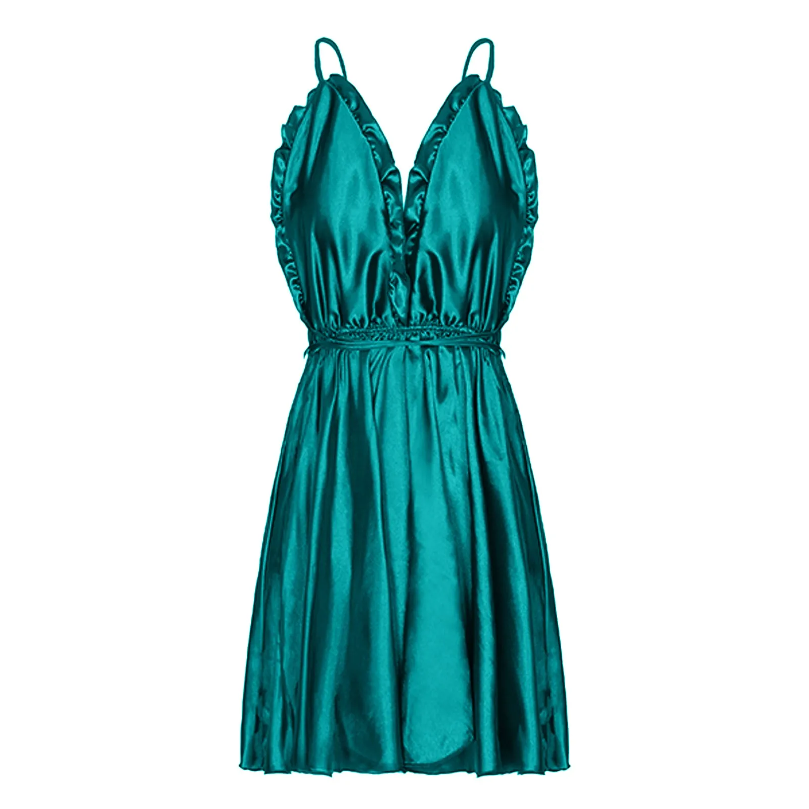 Women Sexy Silk Satin Pajamas Nightdress Deep V Neck Ruffled Nightgowns Lace Up Backless Sling Sleepwear Charm Trendy Nightgowns