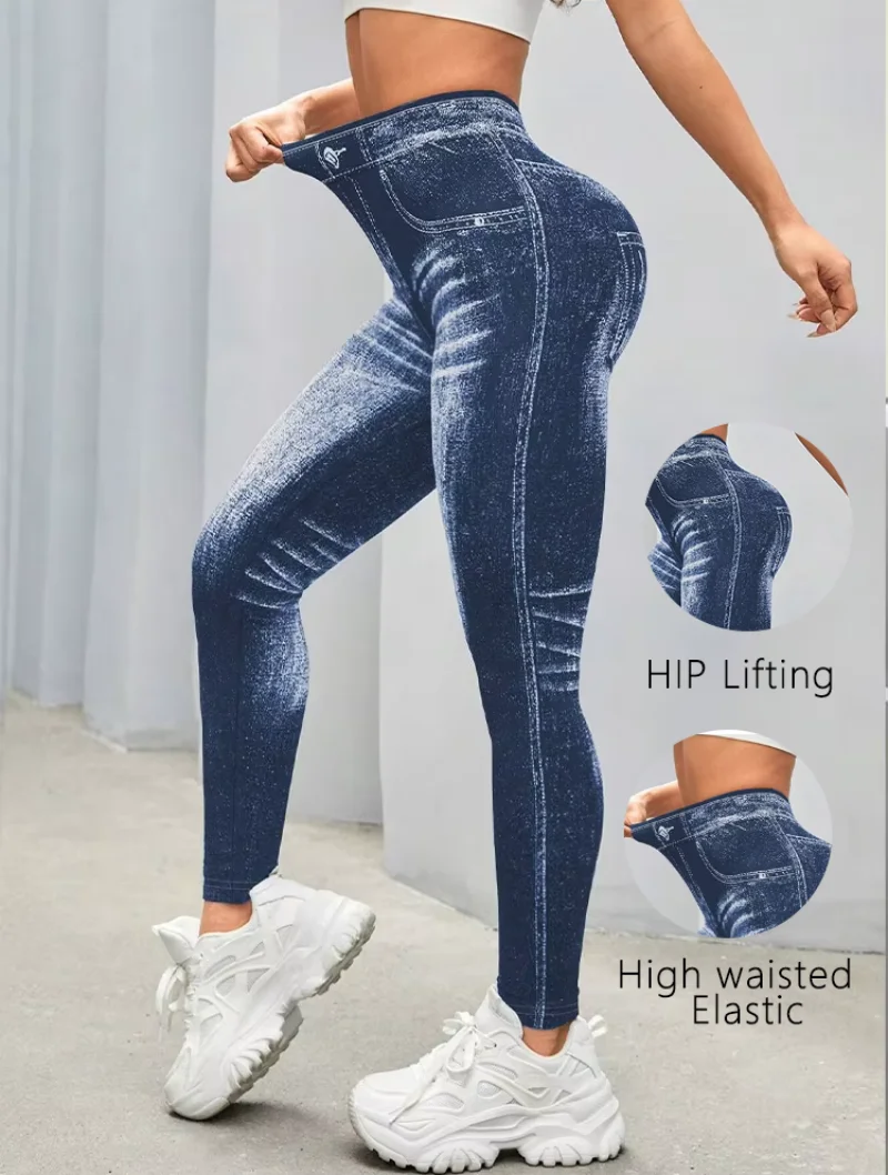 Spring Women Sport Yoga Leggings Faux Jeans High Waist Butt Lifting Gym Skinny Casual Pants Elastic Running Outerdoor Pants