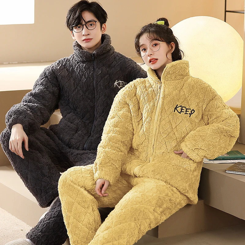 

Autumn Winter Warm 3 Layer Clip Cotton Couple Pajamas Set Men Women Sleepwear Family Pijama Lover Homewear Clothing