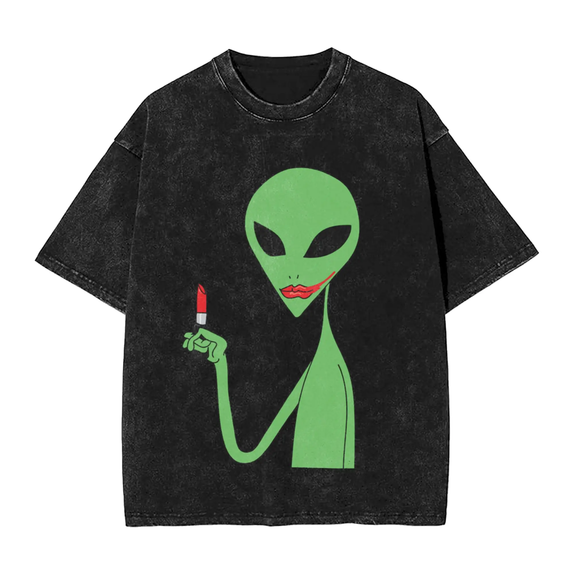 lipstick alien Unique Trendy A Washed T Shirt Men's Women's Oversized Cotton Tees Tops