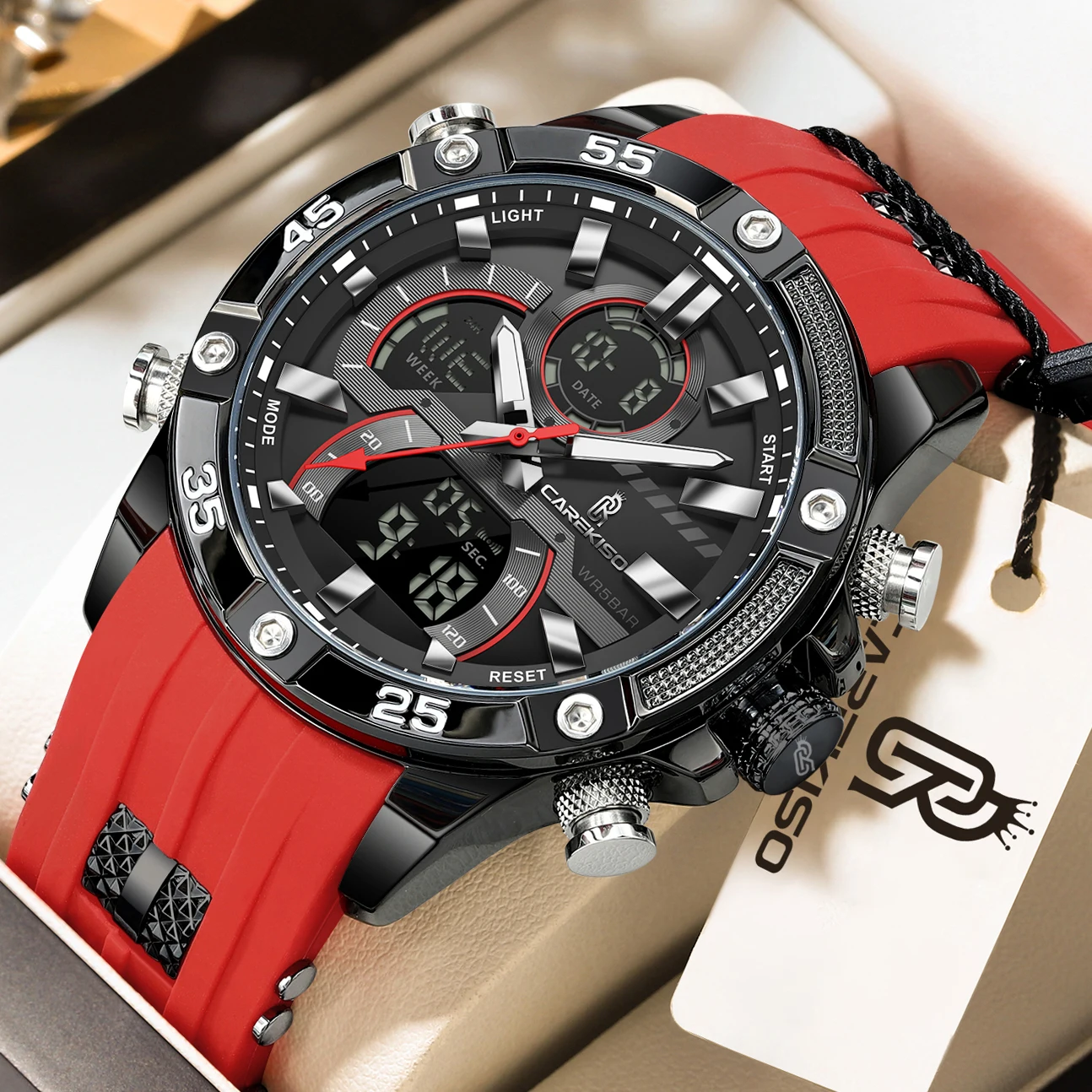 CAREKISO Luxury Electronic Men Watch LED Luminous Sport Quartz Man Wristwatch Dual Time Week Date Big Dial Digital Men's Watches