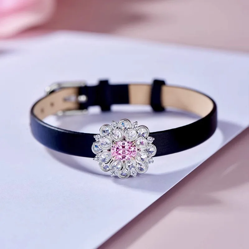 Cute Romantic Crystal Pink Flower Bracelet Ring For Women Black Belt Leather Rope Adjustable Bracelets Rings Set Jewelry KOFSAC