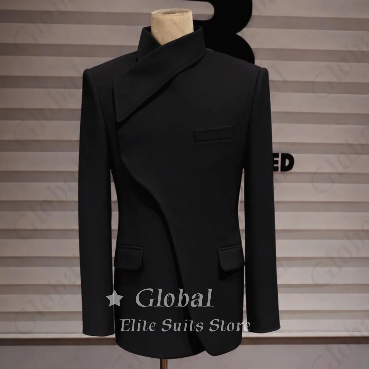 Men Black Asymmetric Stand Collar Blazer Single Jacket Slim Fit Outdoor Fashion Tuxedo Vacation Tailored Fit Customized
