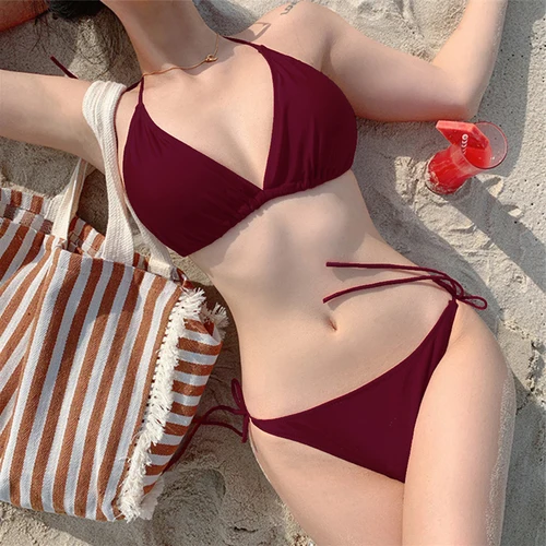 Conjunto de Bikini para mujer, traje de baño Sexy estilo vendaje, traje de baño brasileño para mujer, cuello colgante en la espalda, Copa Triangular, camisola, Bikini