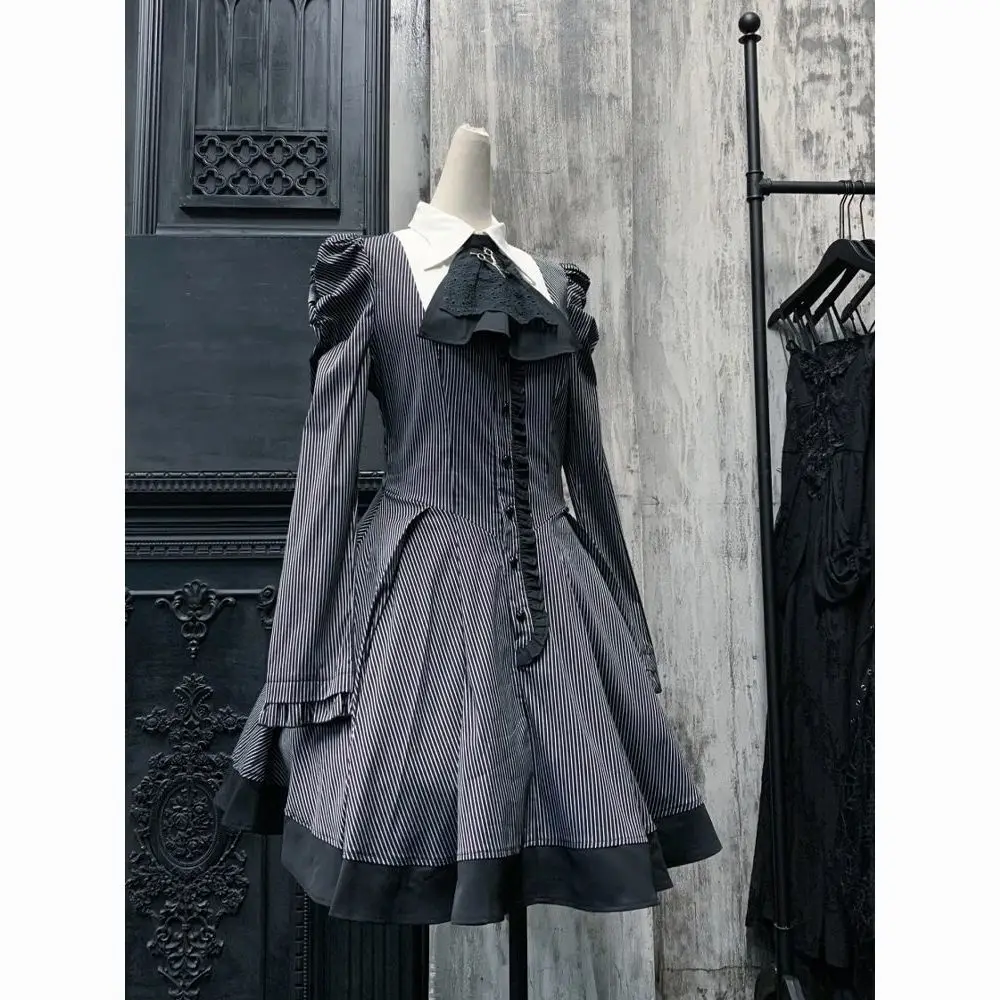 NONSAR Japanese Style Subculture Gothic Long Sleeve Dress Women Vintage Striped Polo Collar Slim Mini Dress