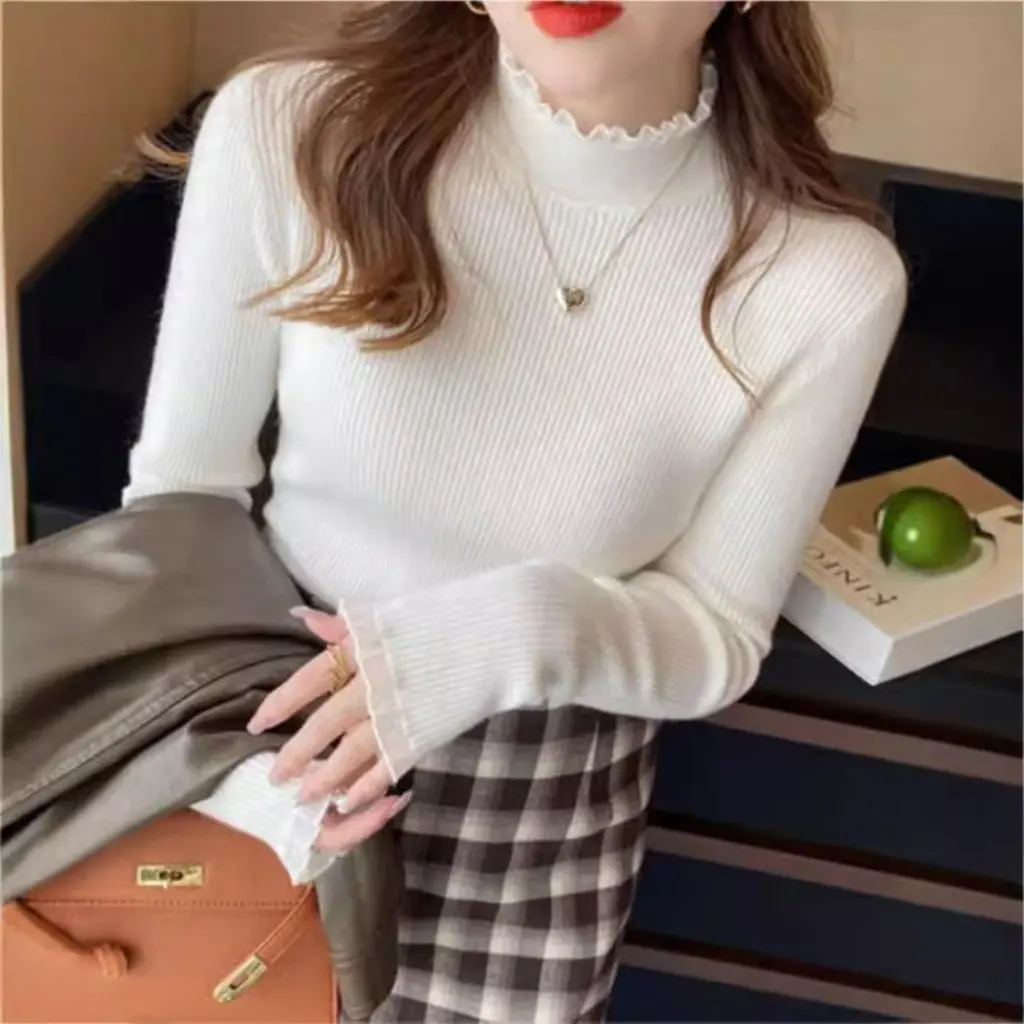 

Women's Half-Turtleneck Wool Knit Sweater Long-Sleeved Lace Splicing Base Shirt Early Autumn Winter New Style Top