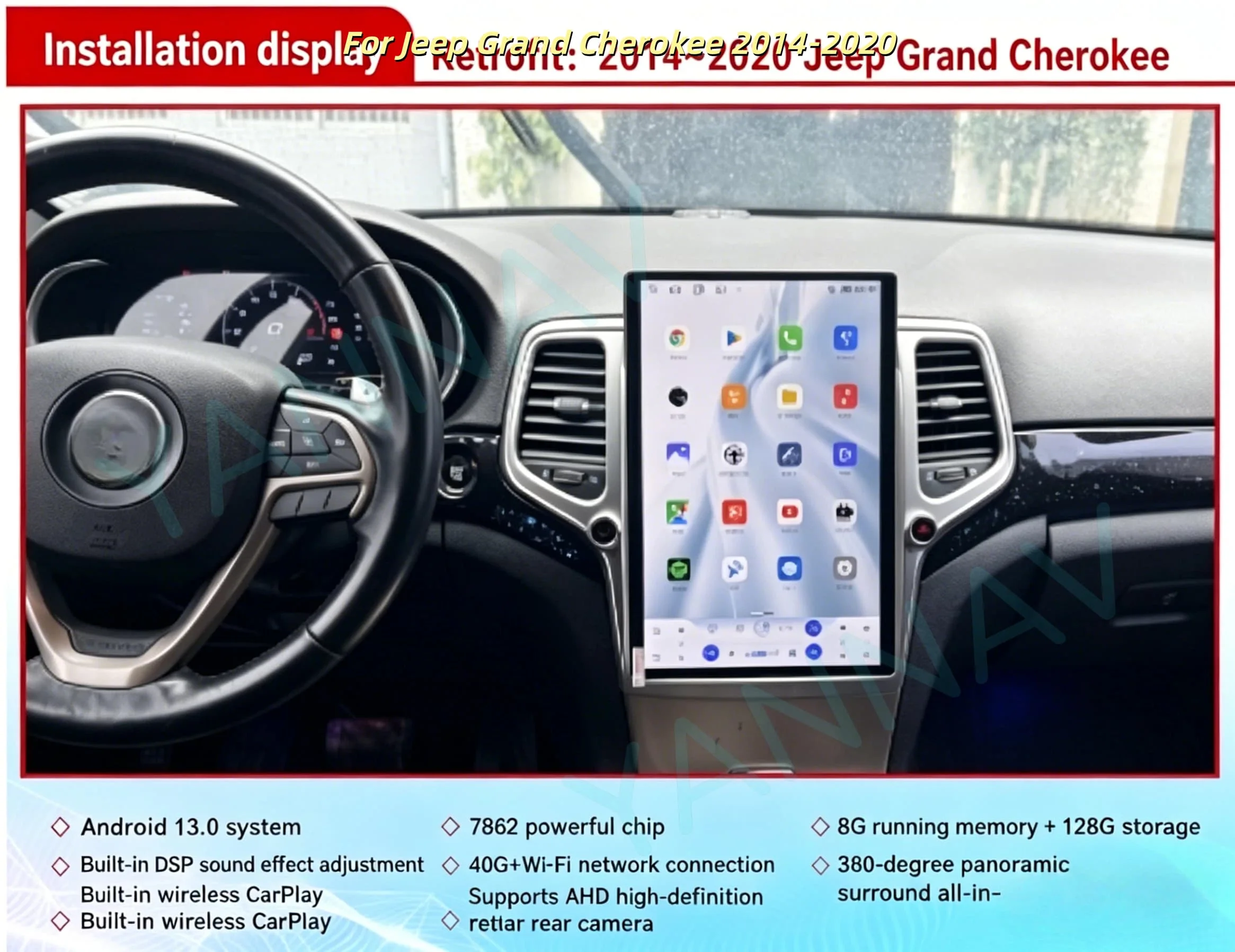 8GB+256GB For Jeep Grand Cherokee 2014-2020 GPS Bluetooth Tesla Style Screen Audio DSP 2 Din Car Radio Multimedia Player Stereo view 4