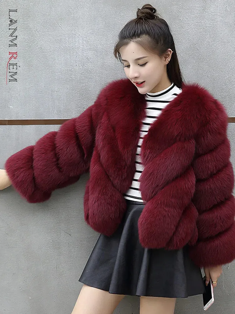 

LANMREM Fashion Imitation Fox Fur Grass Coat Women's Long Sleeves Solid Color Short Coats 2024 Winter New Clothing 2Z2300