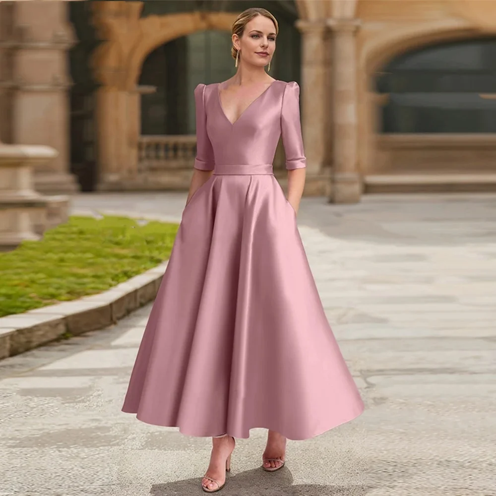 

OTHRAY A-Line V-Neck Satin Elegant Mother of the Bride Dresses Ankle-Length Wedding Guest Dresses Formal Occasion Gowns 2024