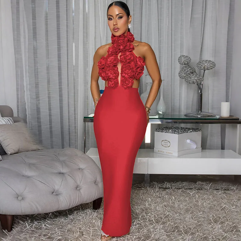 Sexy Floral Halter-Backless Geburtstag Party Lange Kleider Frauen Abend Nachtclub Bandage Cut Out Hohe Taille Split Prom Maxi Kleid